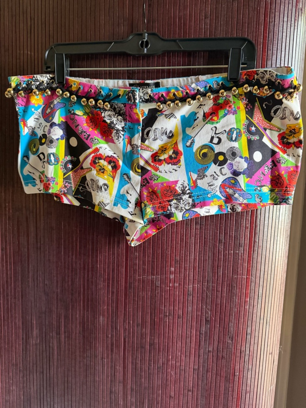 Versace Multicolor Graphic Beaded Trim Shorts